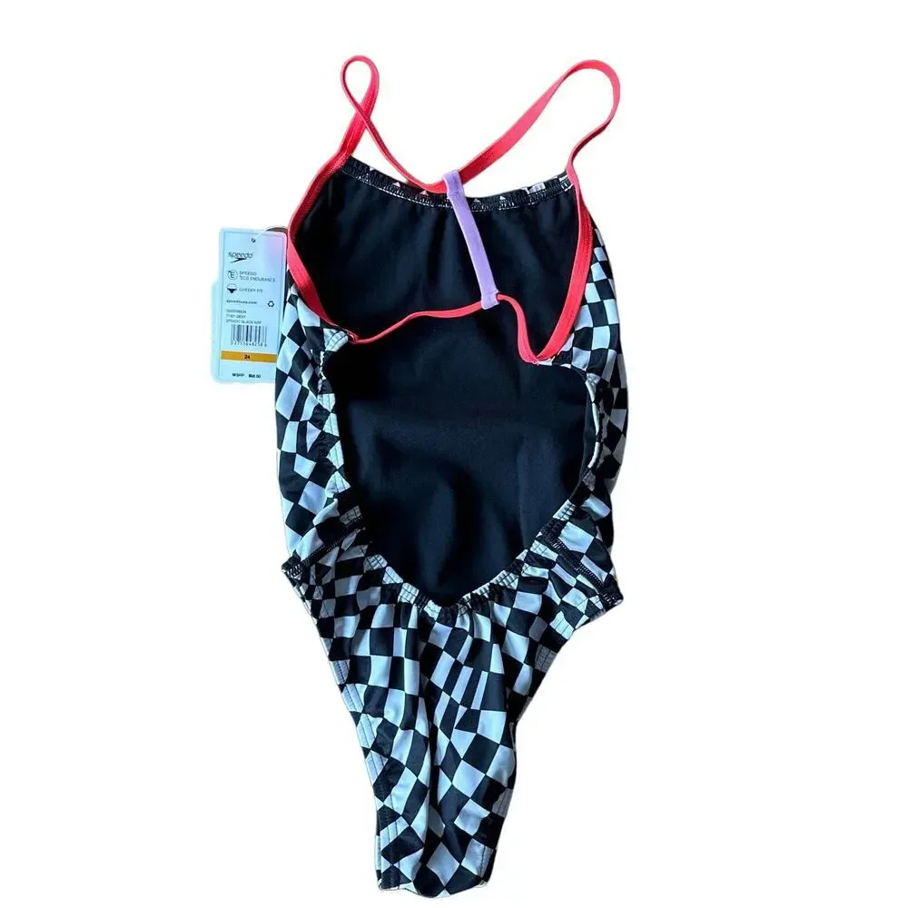 NWT Womens Speedo Vibe Printed T-Back Black White One Piece Swimsuit Size 24 XXS
